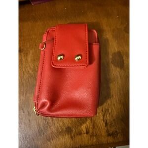 Red Faux Leather Zip Around Wallet Phone Bag Gold Hardware